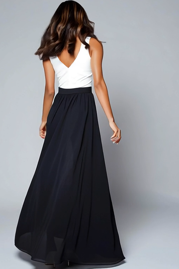 A Line Black and White V Neck Formal Dress with Slit